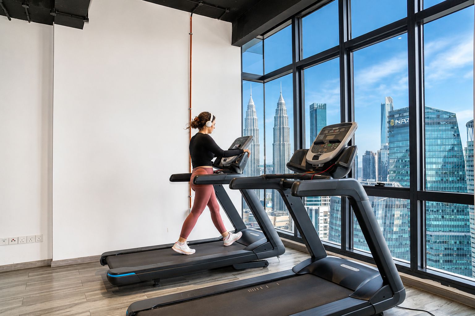 Une salle de sport équipée de tapis de course et offrant une vue sur la ville grâce à de grandes fenêtres.