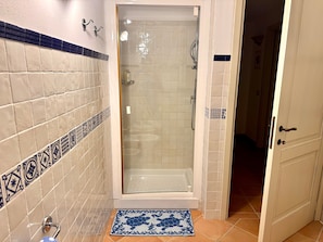 Ein Badezimmer mit Dusche, Badewanne und einer Tür zu einem anderen Raum.