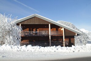 A wooden cabin with a sloped roof, surrounded by snow-covered trees and a mountain in the background. - Joran JR1 MOUNTAIN & NATURE (4 people) (Châtel)
