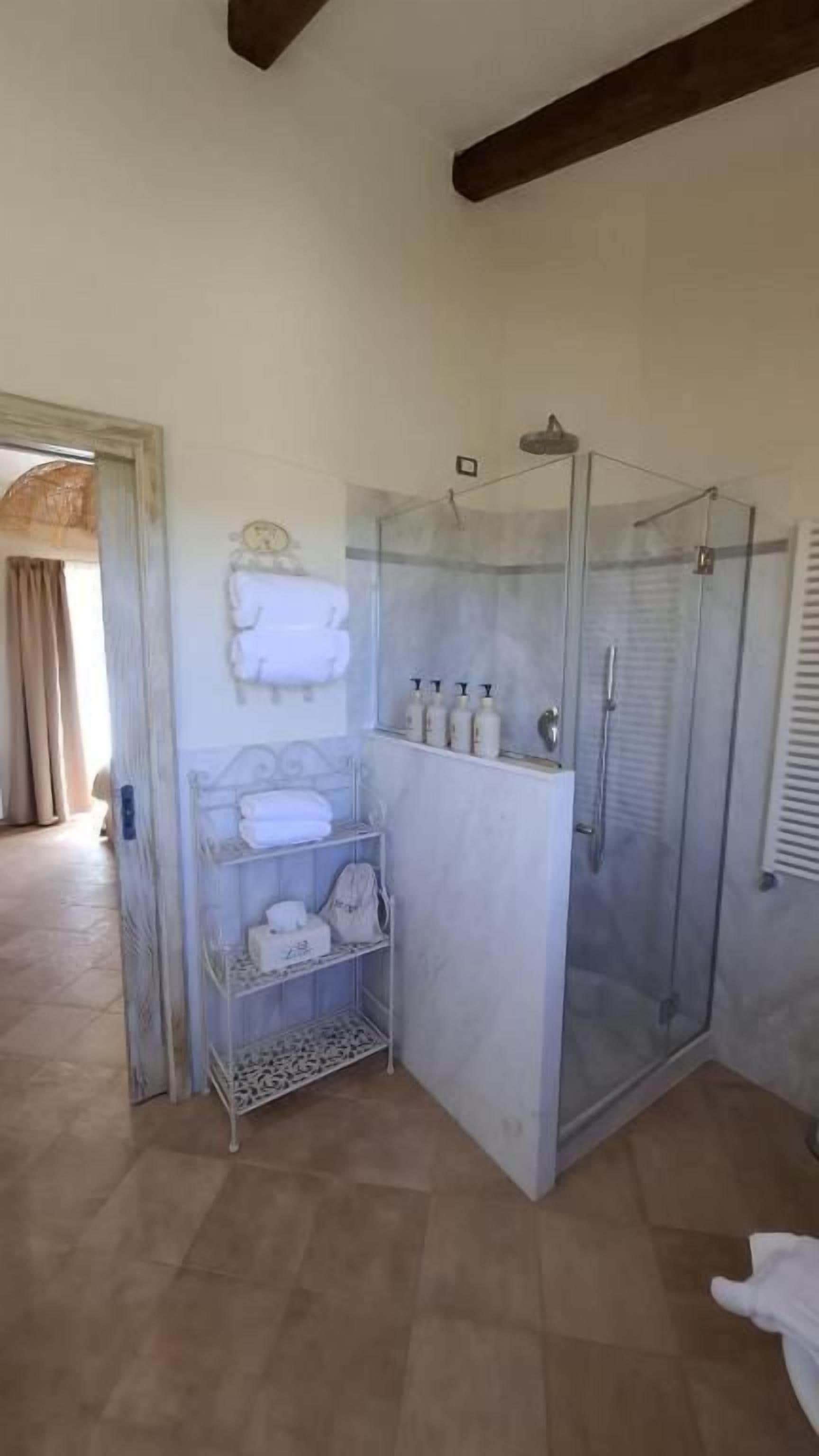 Un baño con ducha acristalada, estante con artículos de aseo y toallero.
