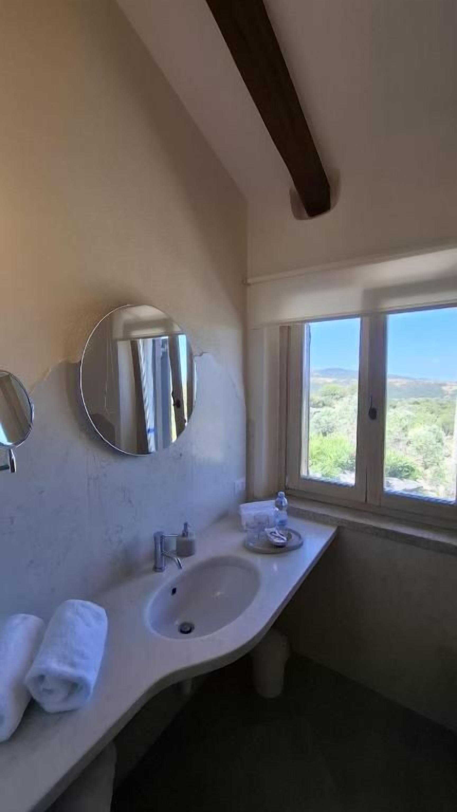 A bathroom with two sinks, a mirror, and a window with a view.