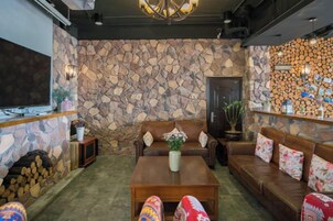 Una sala de estar acogedora con una pared de piedra, chimenea, televisor y una zona de bar.