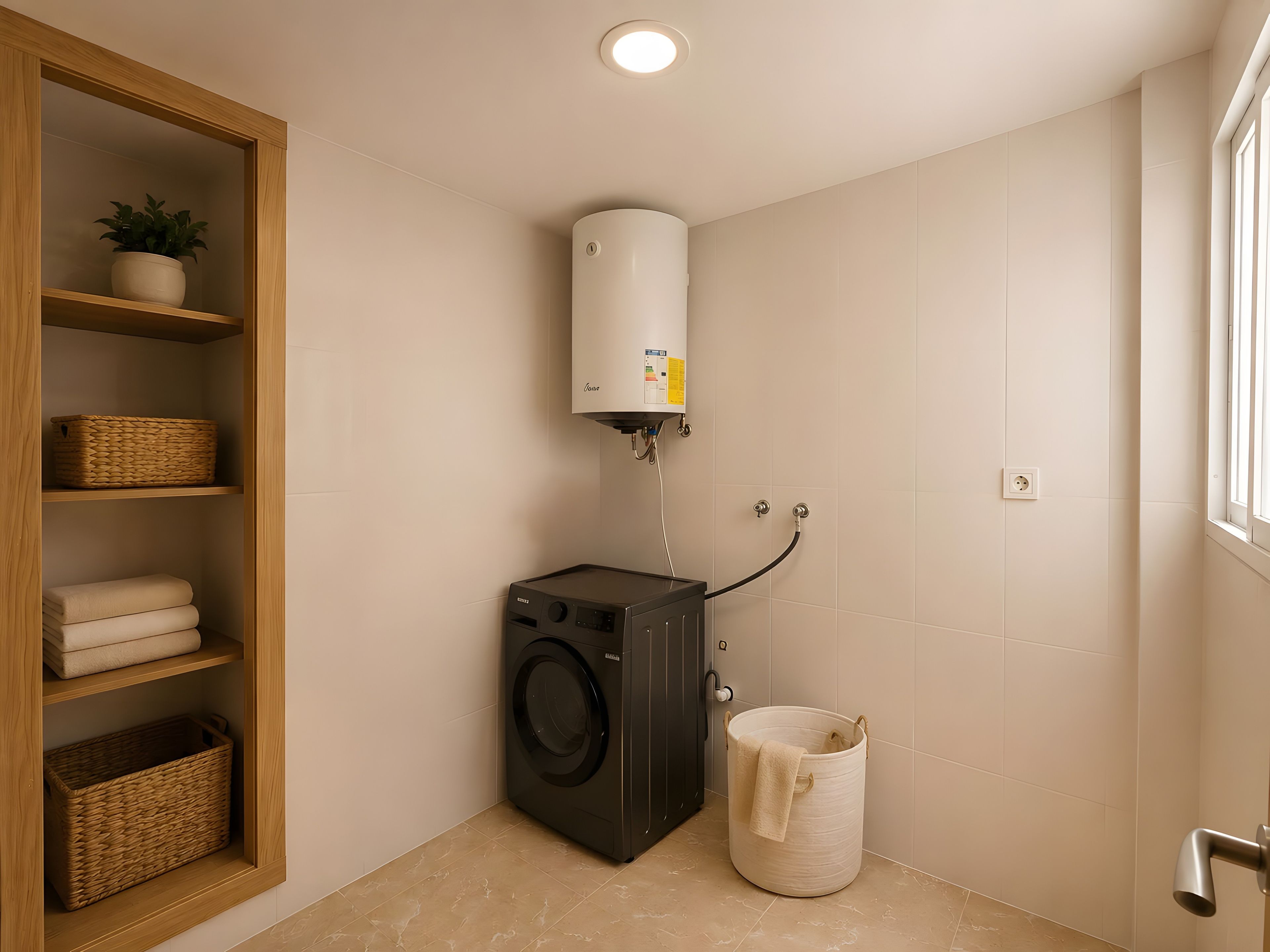Un lavadero pequeño con lavadora, secadora, lavabo y un armario para guardar cestas.