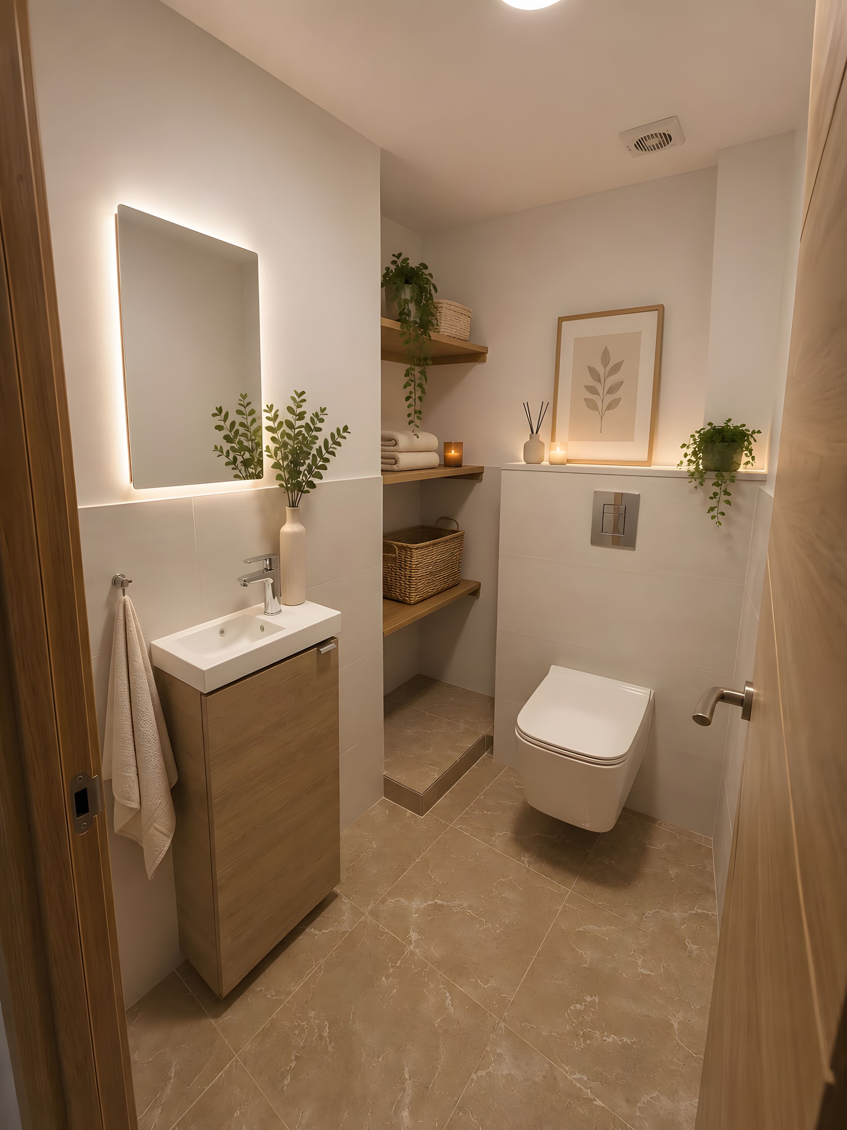 Un baño moderno con tocador, lavamanos, espejo y retrete. Hay estantes con plantas y un cuadro enmarcado en la pared.