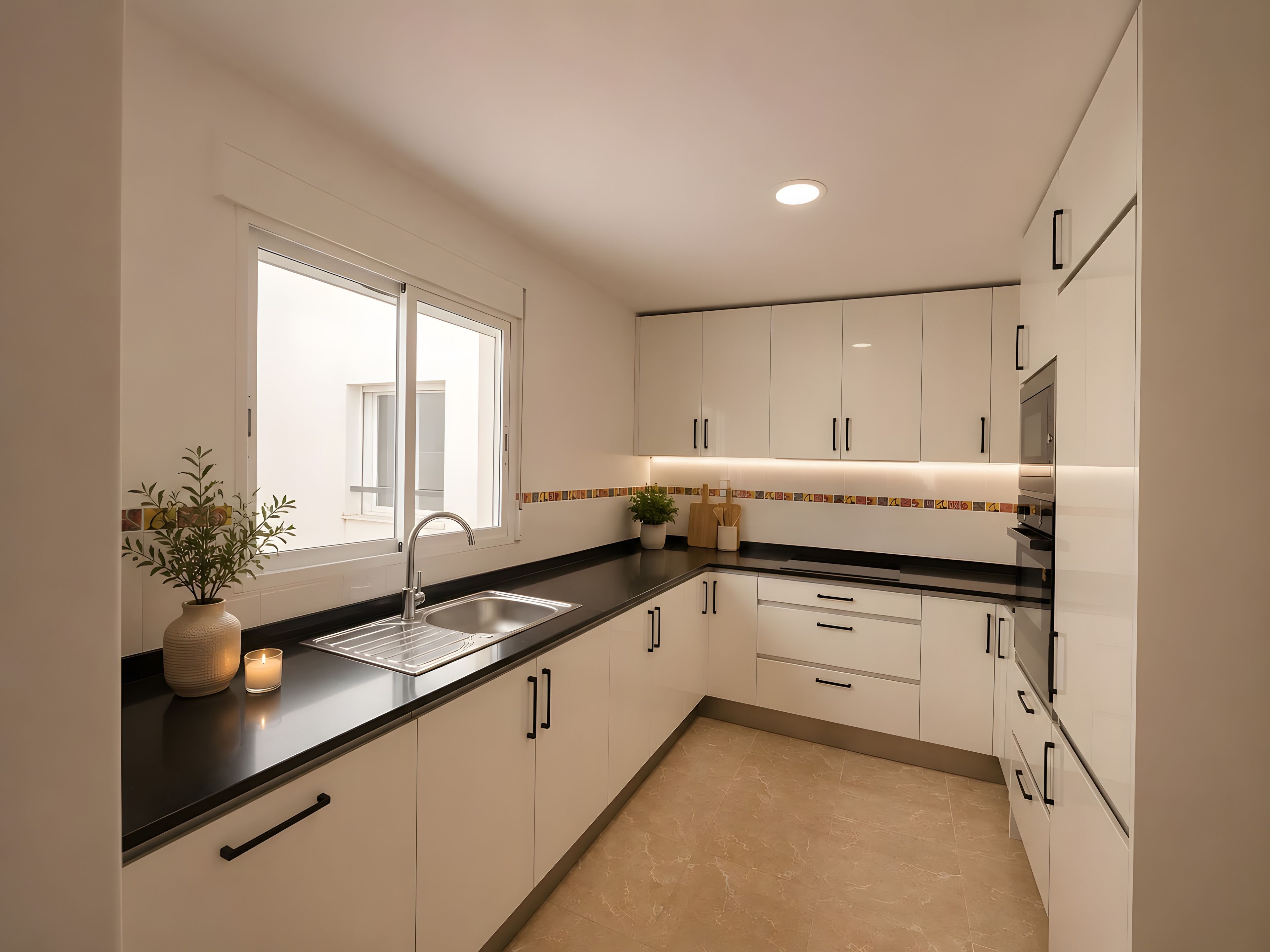 Een moderne keuken met witte kasten, een zwart aanrecht en een betegelde achterwand.