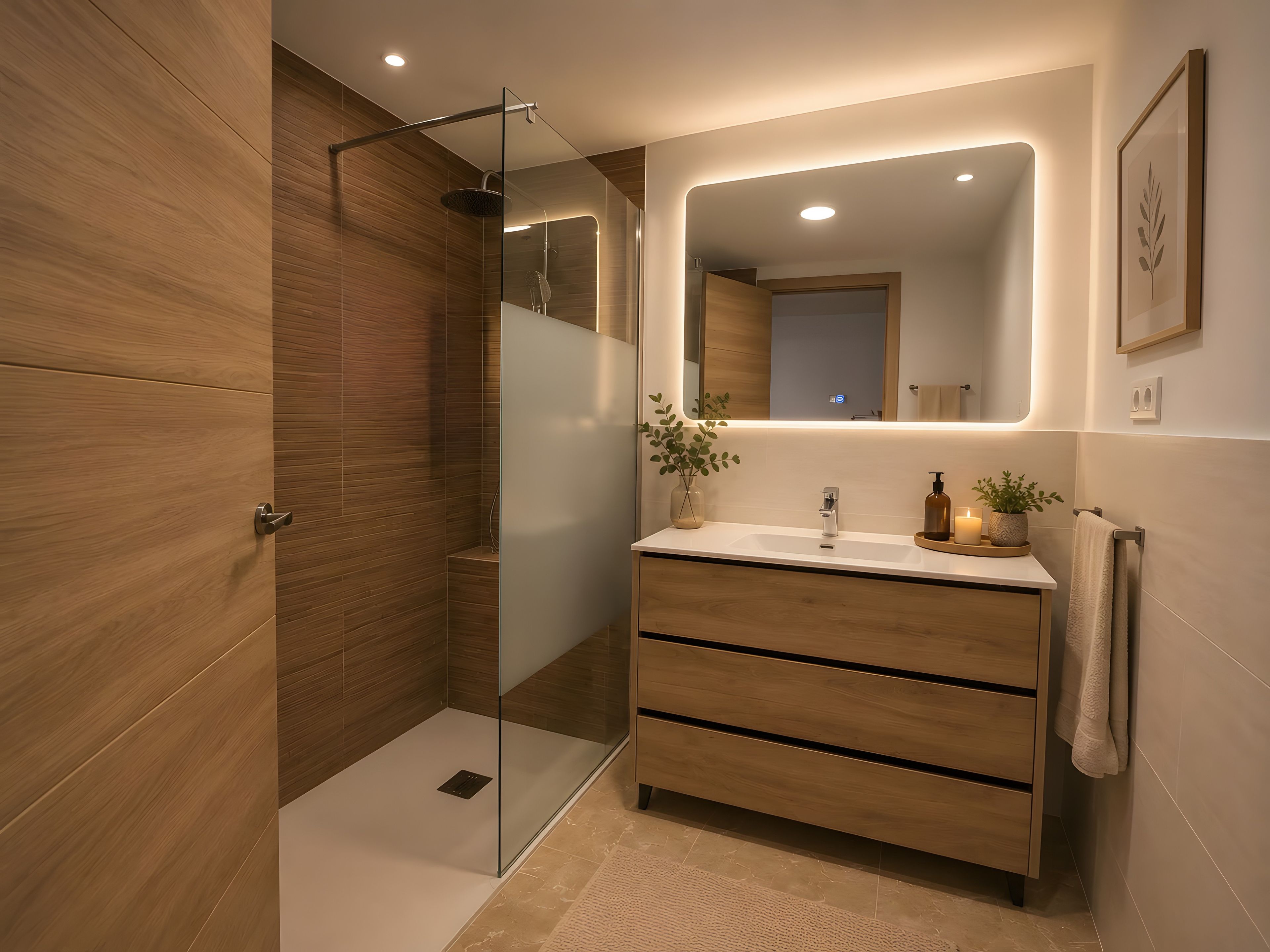 Ein modernes Badezimmer mit einer Duschkabine aus Glas, einem Holzwaschtisch und einem Spiegel mit integrierter Beleuchtung.
