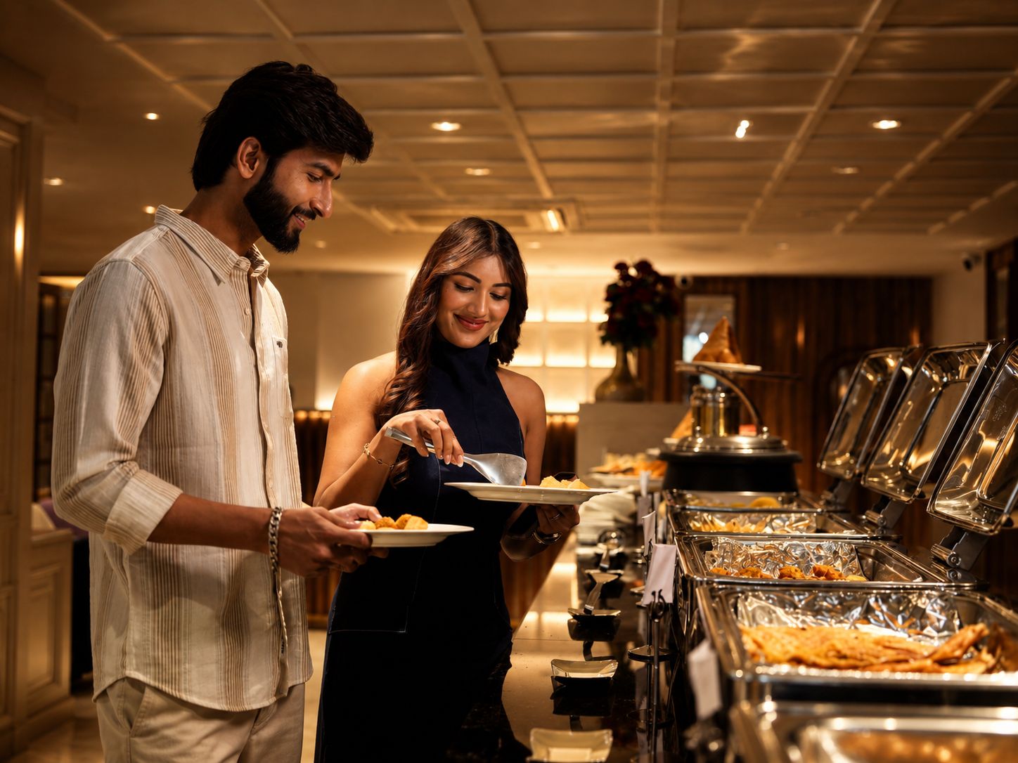 A buffet setup with various food items and a person serving themselves.