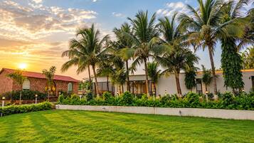 A hotel with a brick facade, palm trees, and a well-maintained lawn.