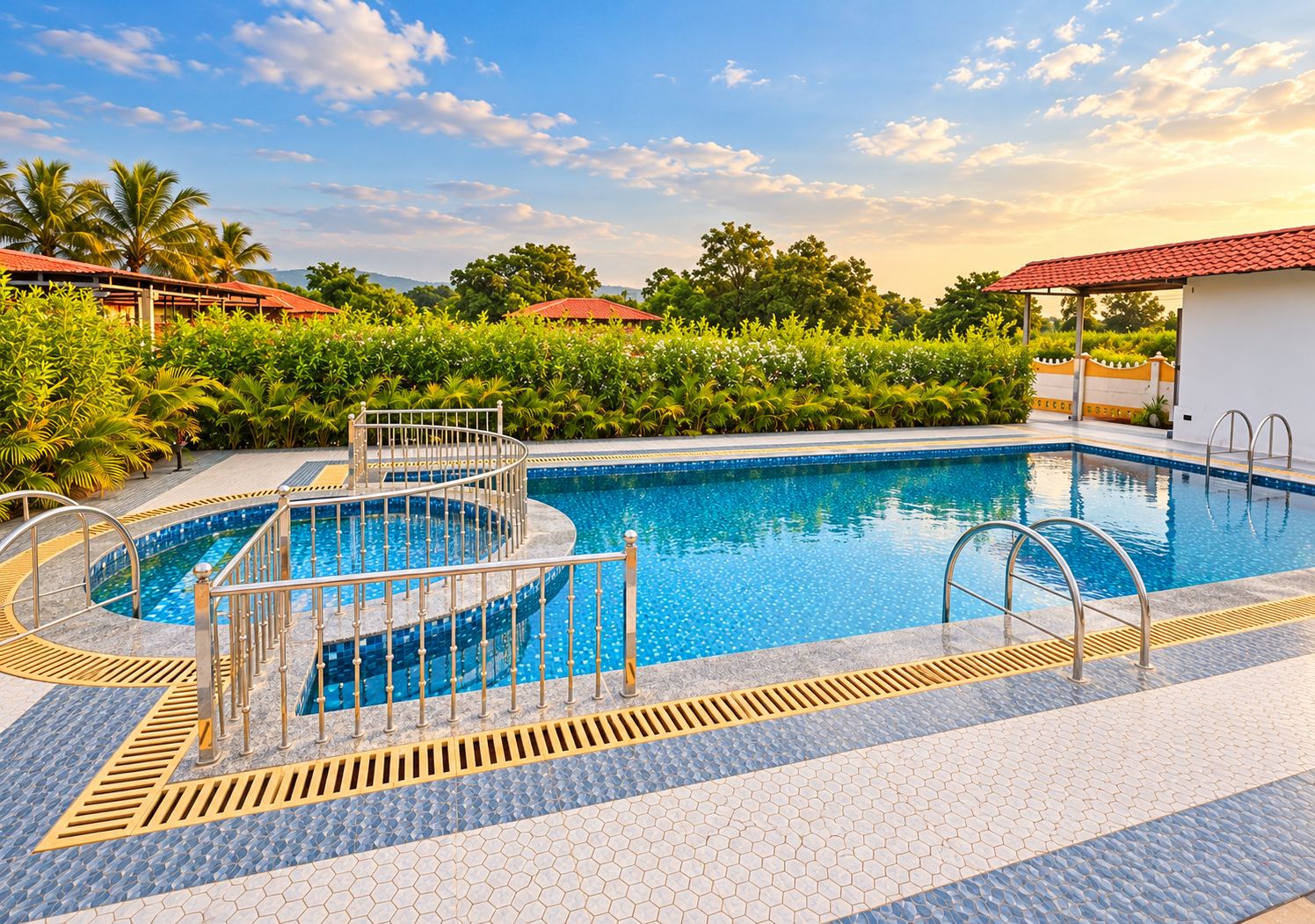 Une piscine dotée d’un élément décoratif aquatique circulaire, entourée d’une terrasse carrelée et d’une végétation luxuriante.