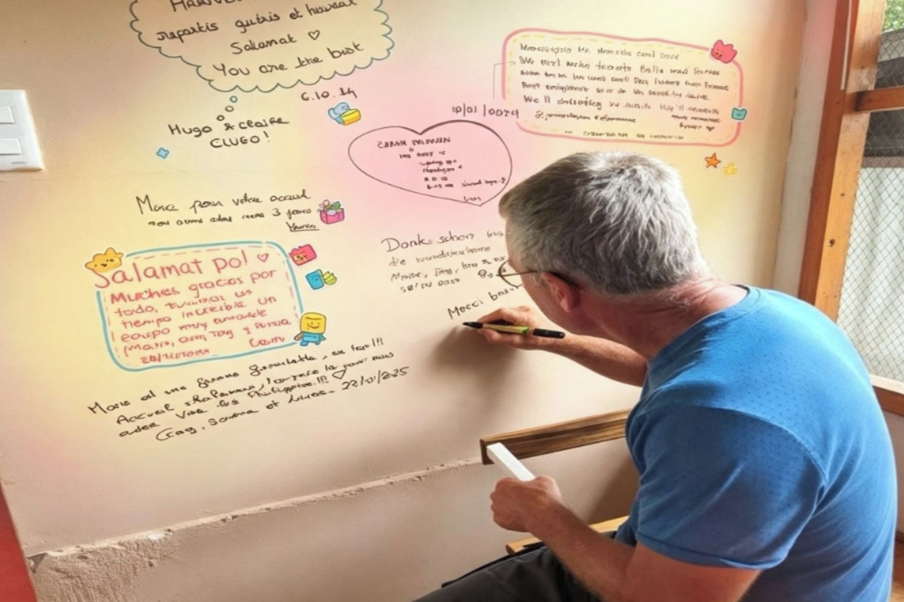 A person writing on a whiteboard with various handwritten notes and doodles.