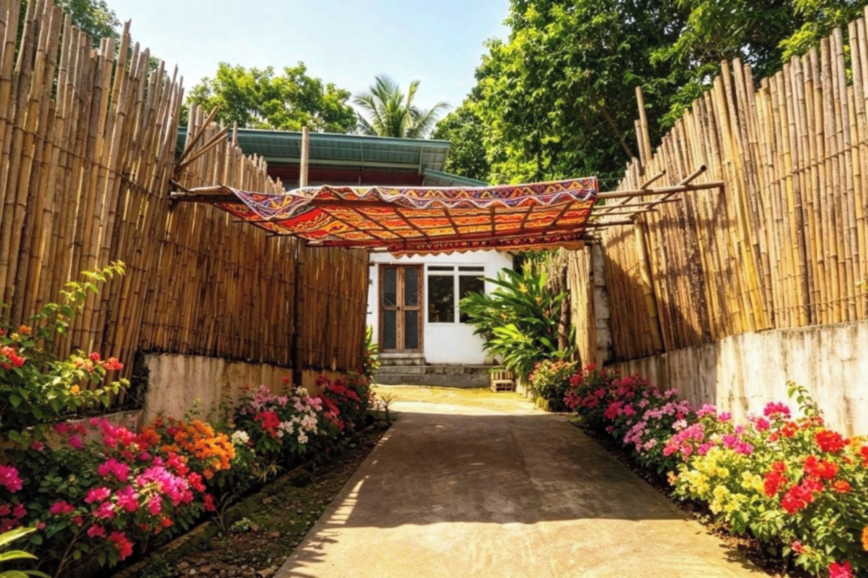 A pathway leading to a building with a thatched roof, surrounded by bamboo walls and colorful flowers.