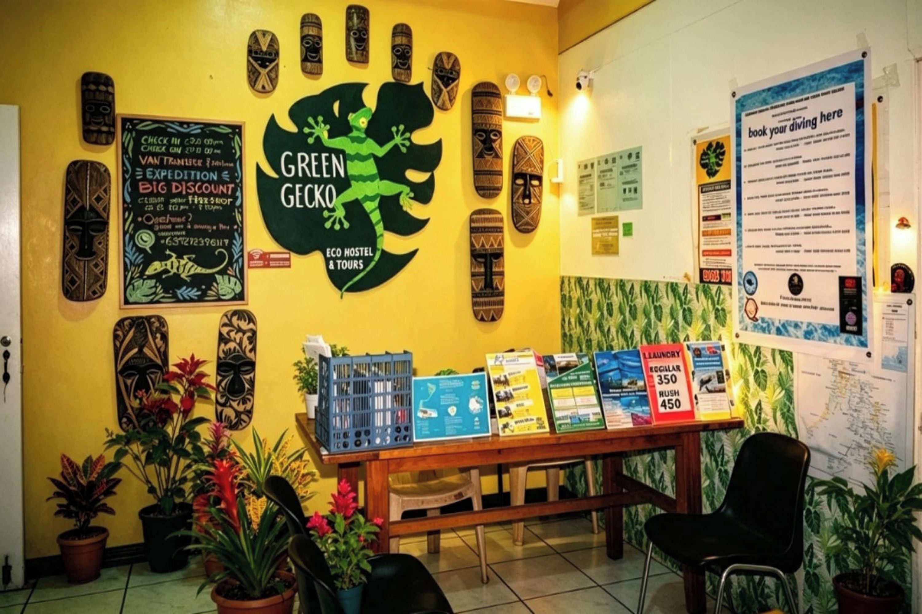 Un área de recepción con un logo de gecko verde, varios artefactos culturales, carteles informativos y un mostrador con folletos.