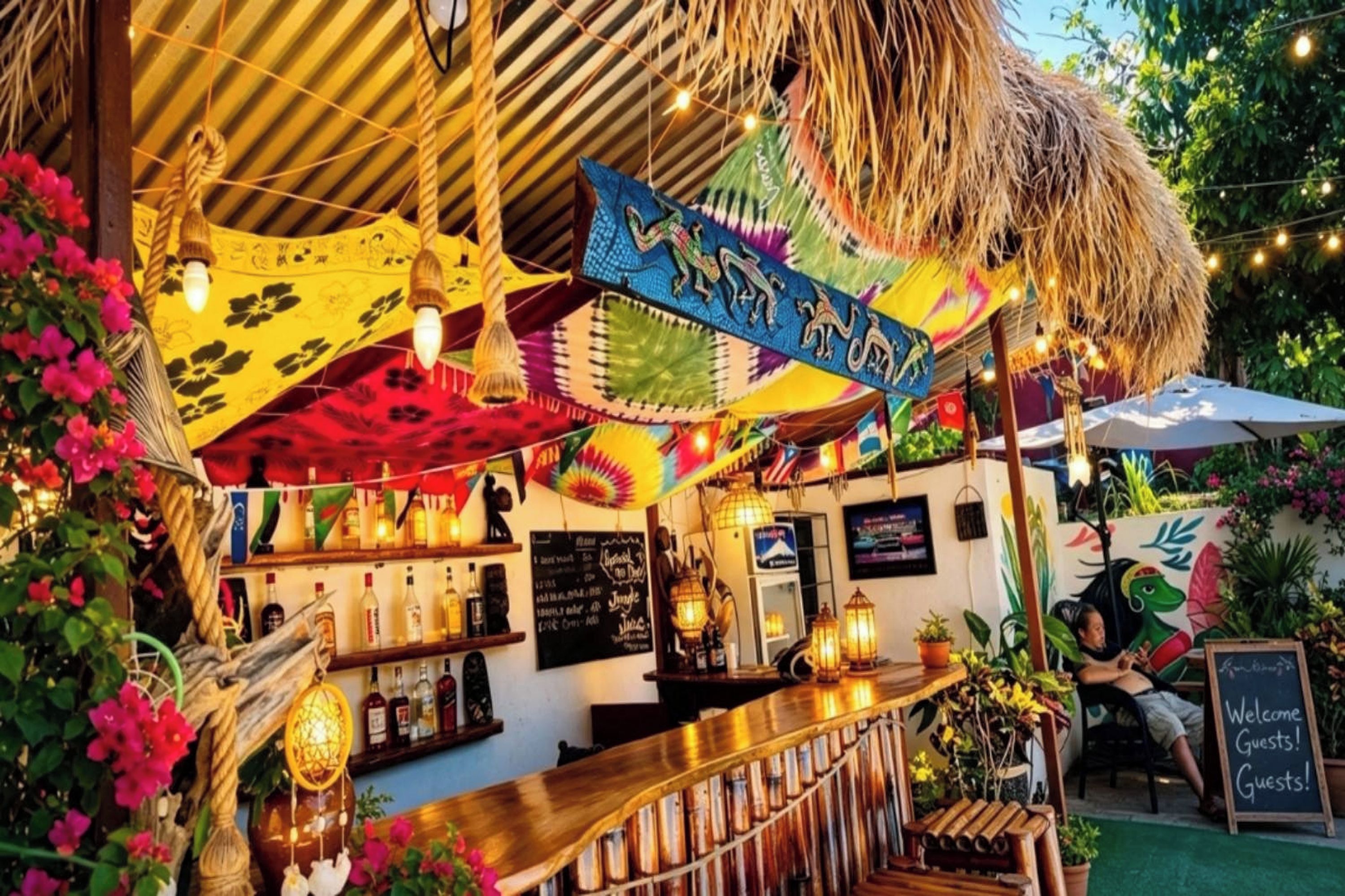 Un espace bar extérieur doté d’un toit de chaume, d’un comptoir en bois et de diverses bouteilles et décorations.