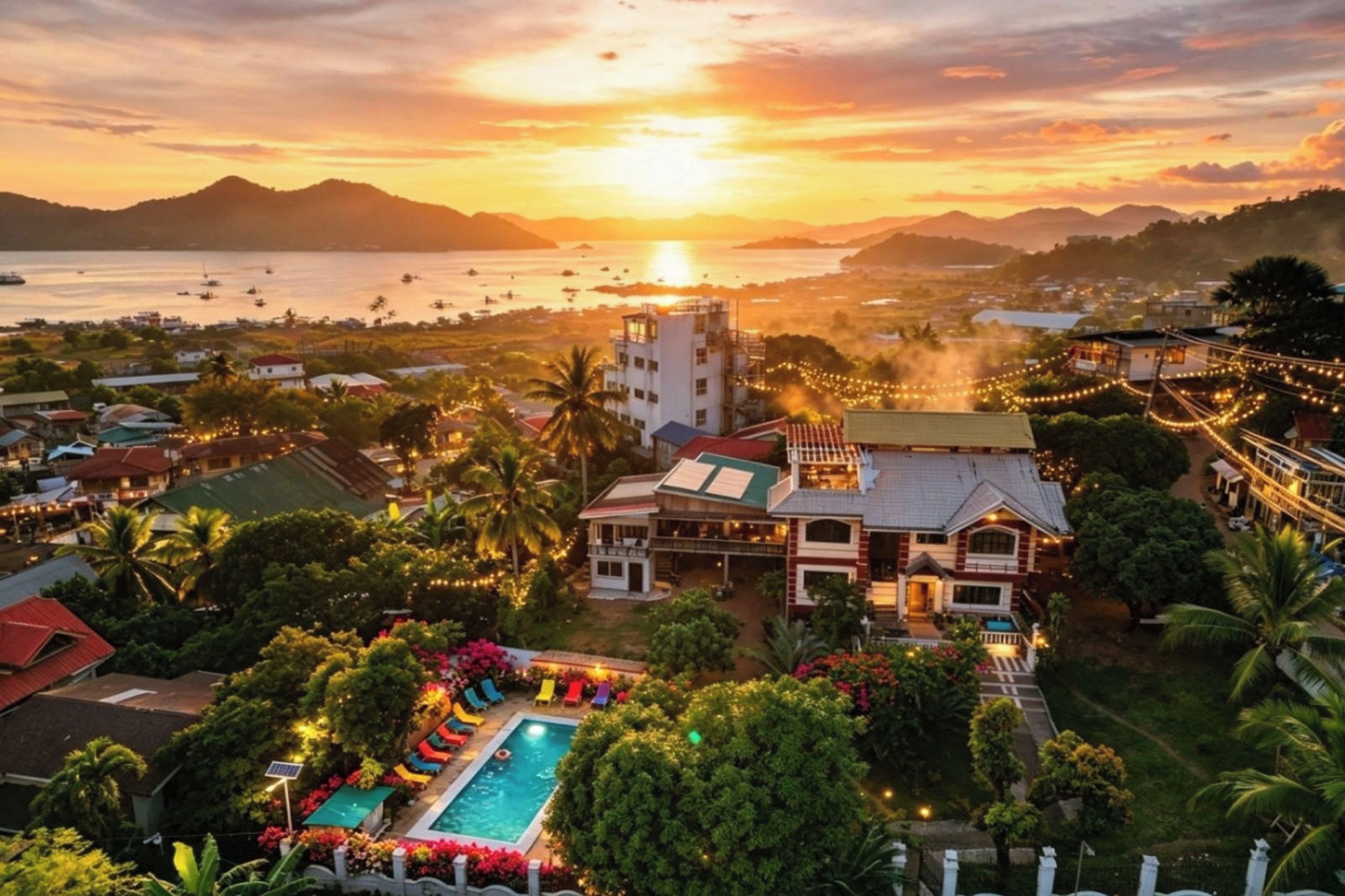 Un complexe hôtelier doté d’une piscine, de plusieurs bâtiments et offrant une vue imprenable sur le coucher de soleil au-dessus de l’eau.