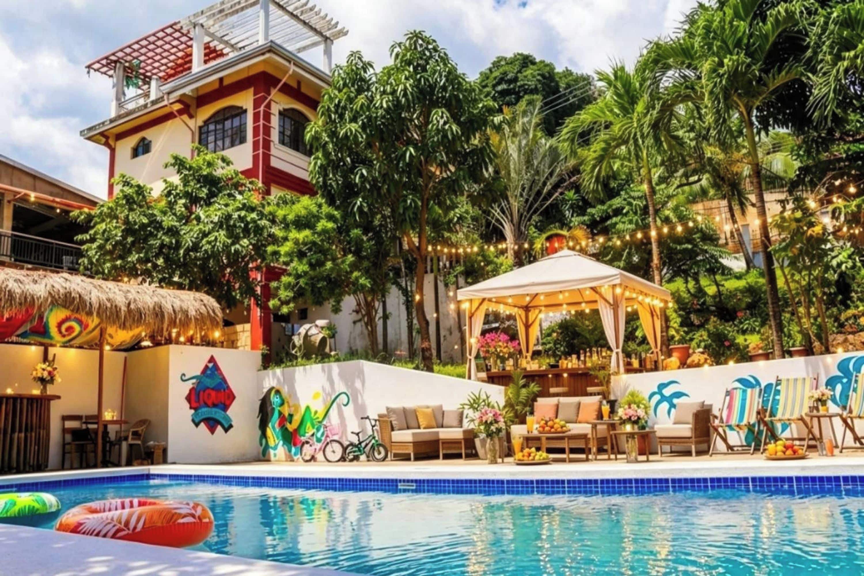 Piscina com espreguiçadeiras e bar de praia, cercada por vegetação tropical e um edifício com murais coloridos.