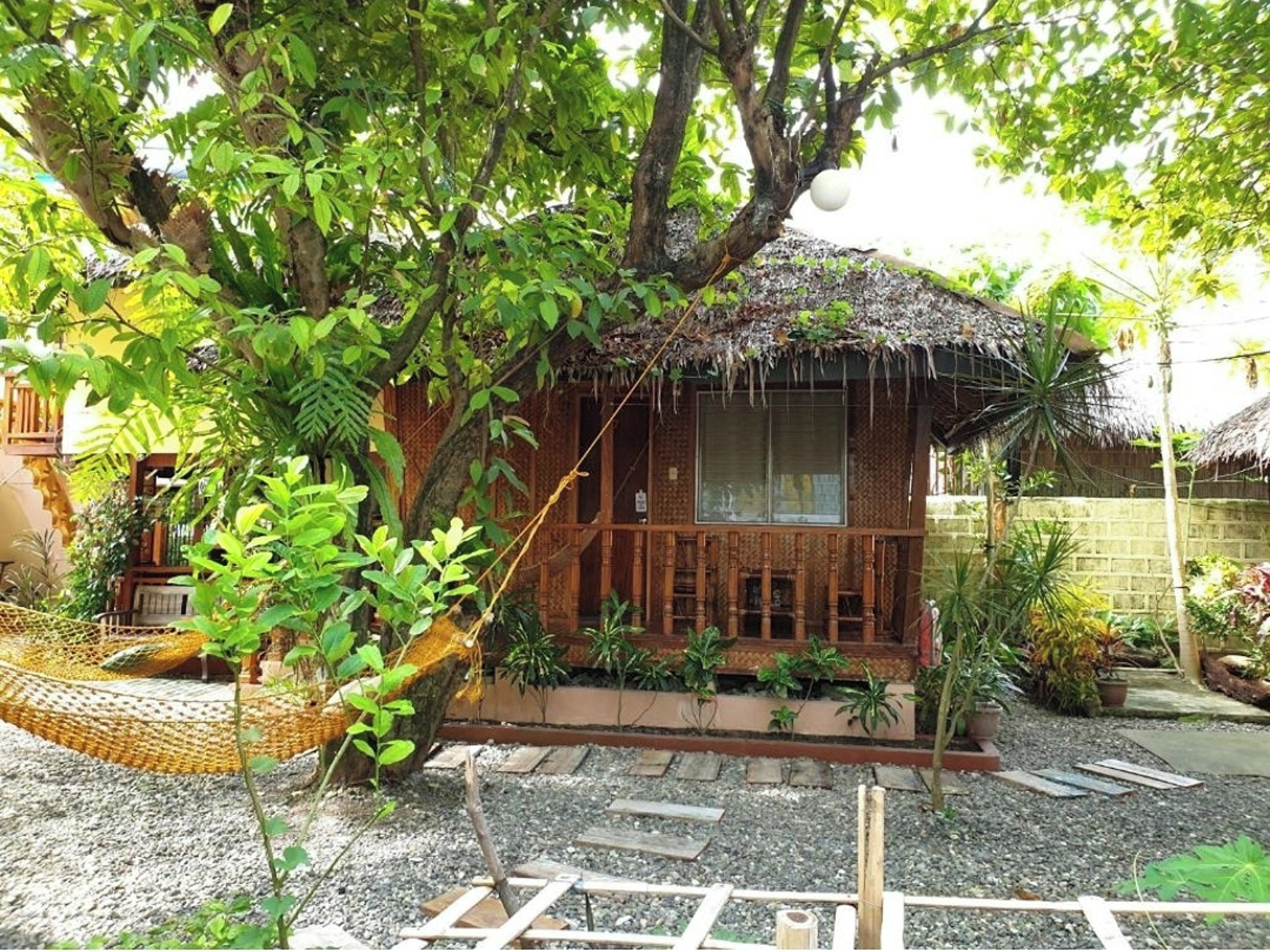 A thatched-roof hut with a wooden porch, surrounded by lush greenery and a gravel path.
