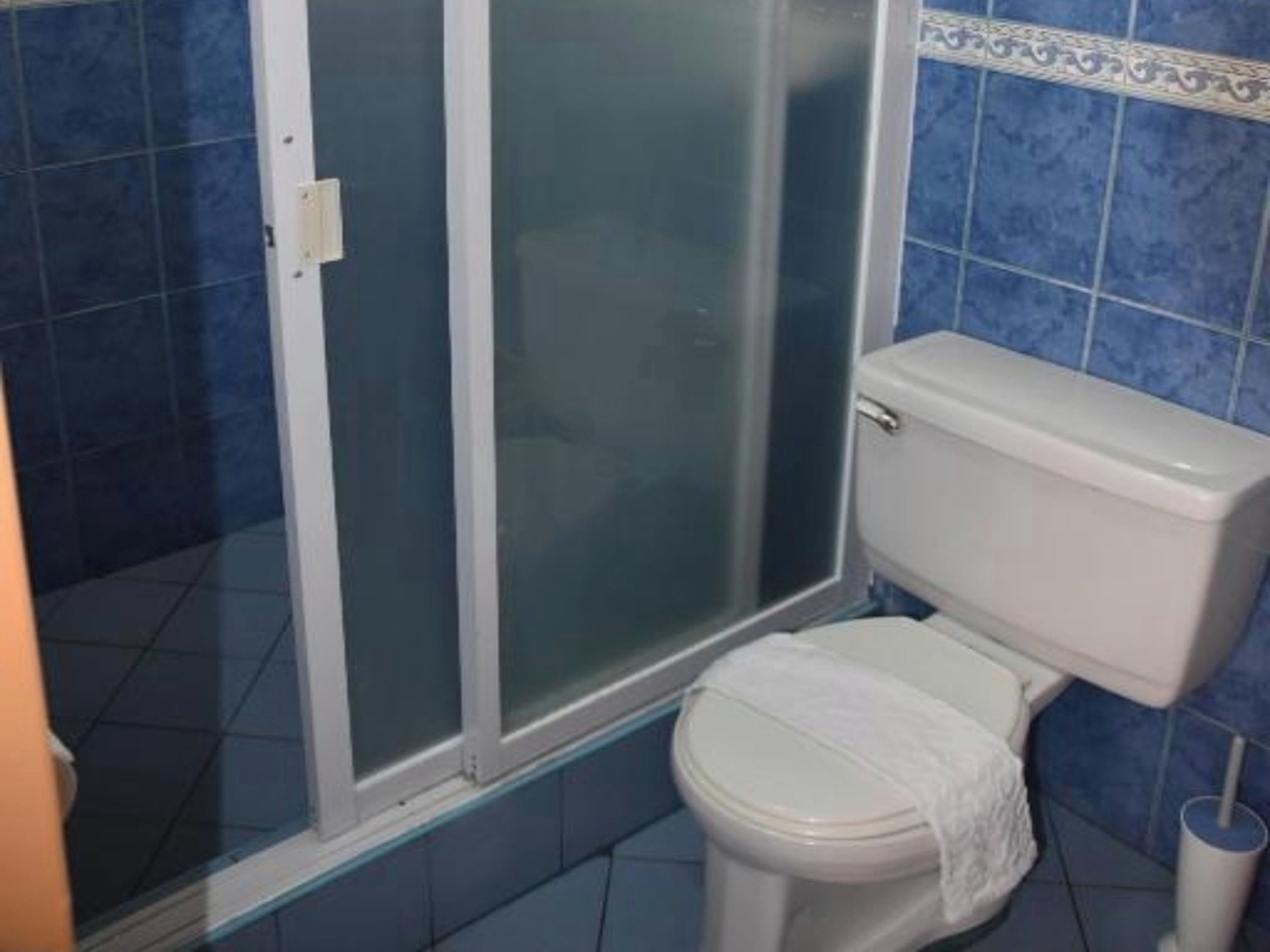 A bathroom with a toilet, a shower enclosure, and blue-tiled walls.