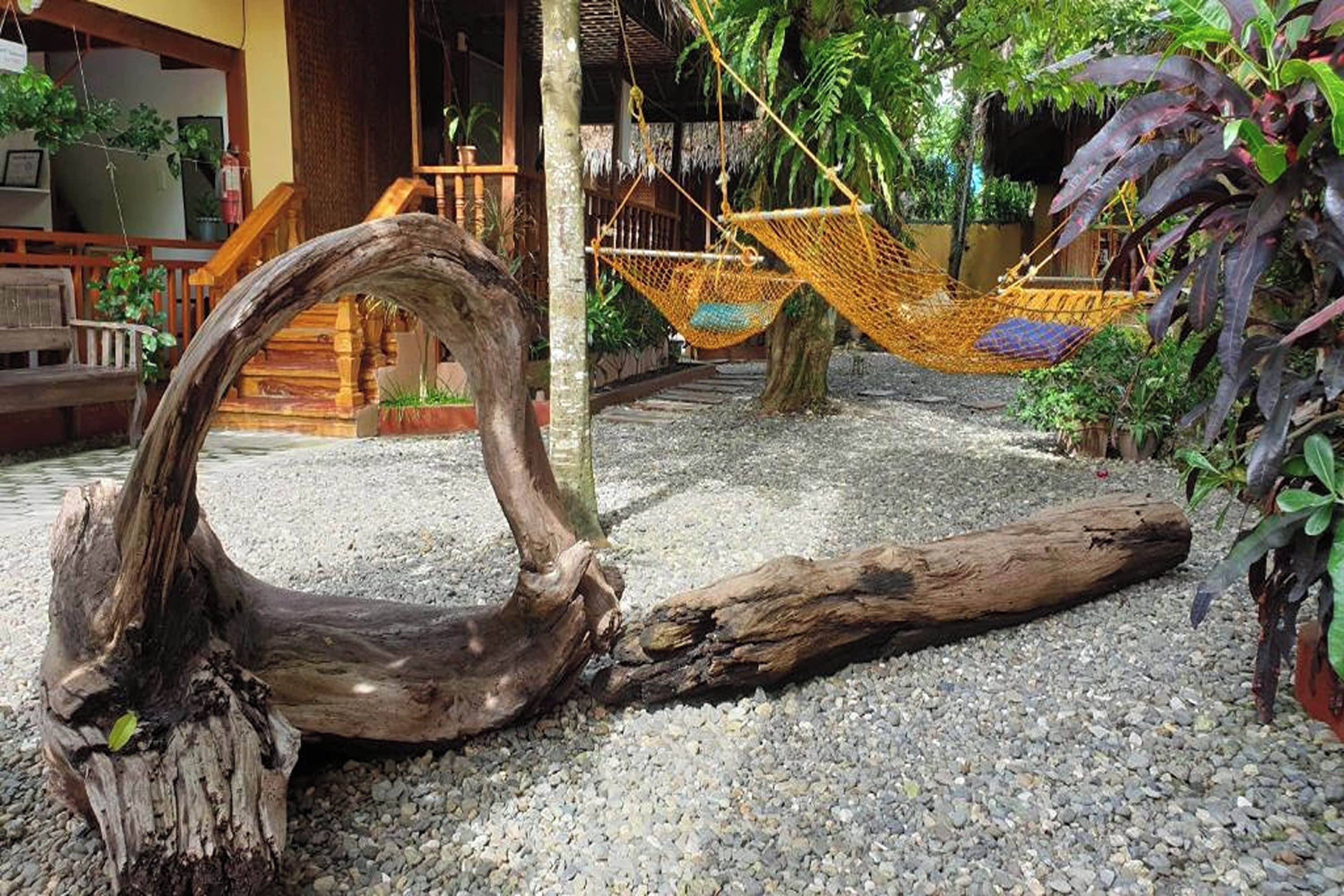 A hammock suspended between trees in a courtyard with a rustic wooden log and gravel ground.