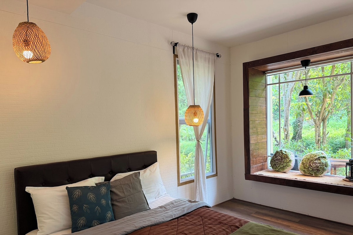 A bedroom with a bed, a window with curtains, and hanging lights.