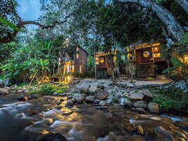 A riverside lodge with multiple wooden cabins, surrounded by lush vegetation and a flowing stream.