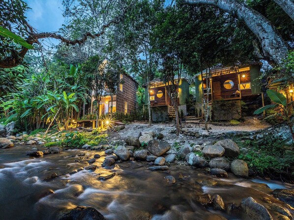 A riverside lodge with multiple wooden cabins, surrounded by lush vegetation and a flowing stream. - The Forrest Peace Forest (Mae Kampong) (Chiang Mai)