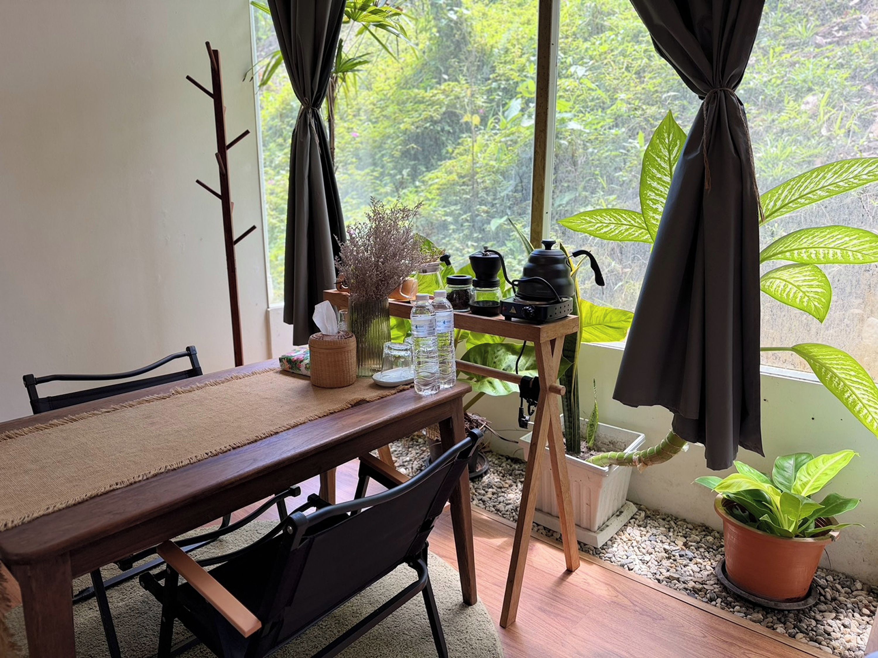 A dining area with a table, chairs, a coffee maker, and a potted plant.
