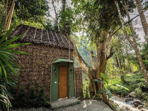 A rustic hut with a thatched roof, a wooden door, and a small porch area. - The Forrest Peace Forest (Mae Kampong) (Chiang Mai)
