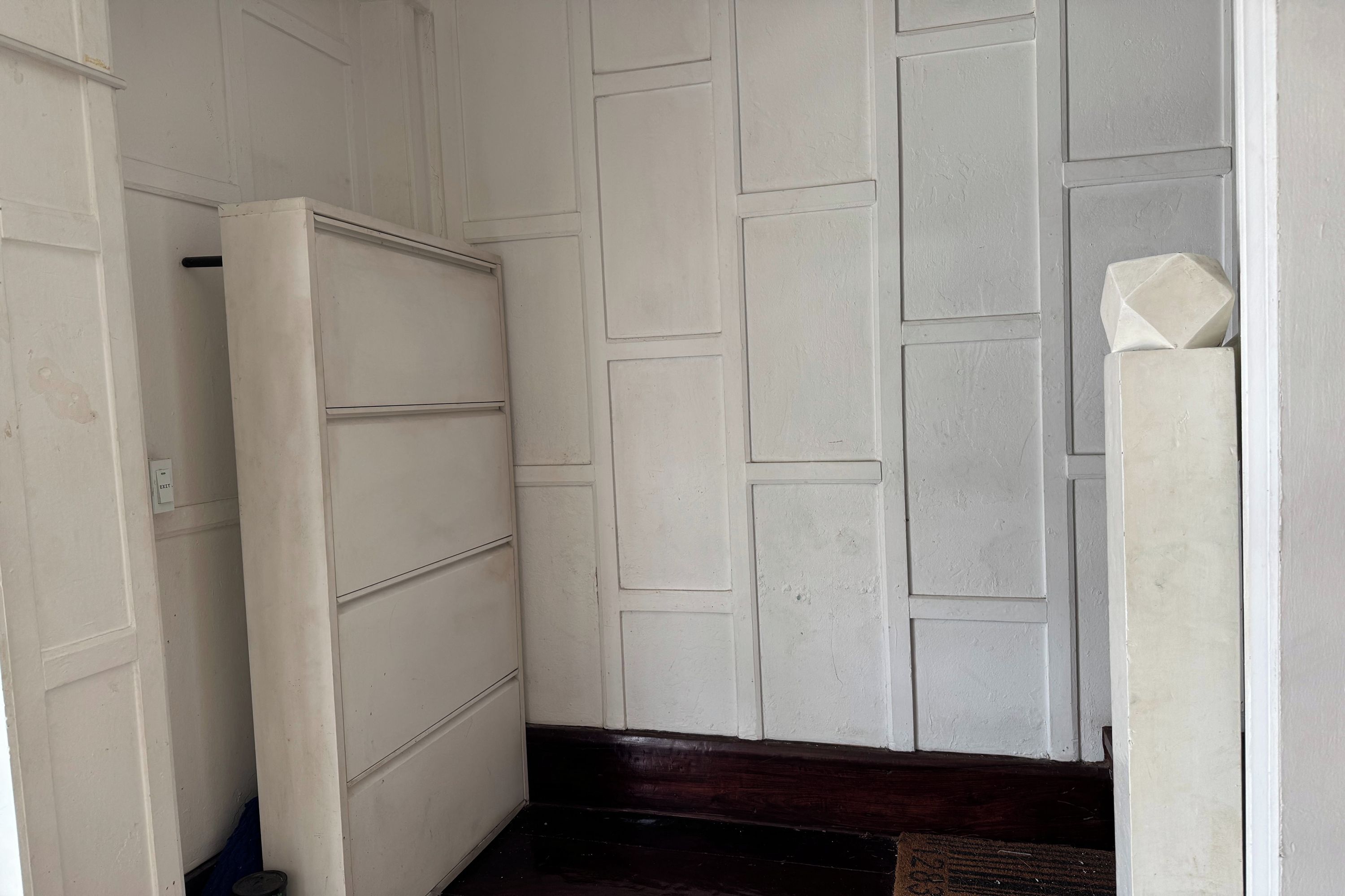 A hallway with a white door, a wall with rectangular panels, and a dark wooden baseboard.
