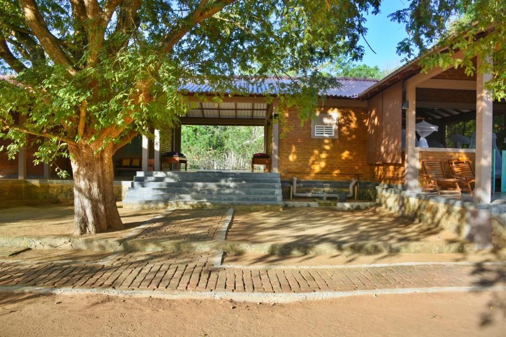 A covered outdoor area with a brick building, a large tree, and a paved walkway.