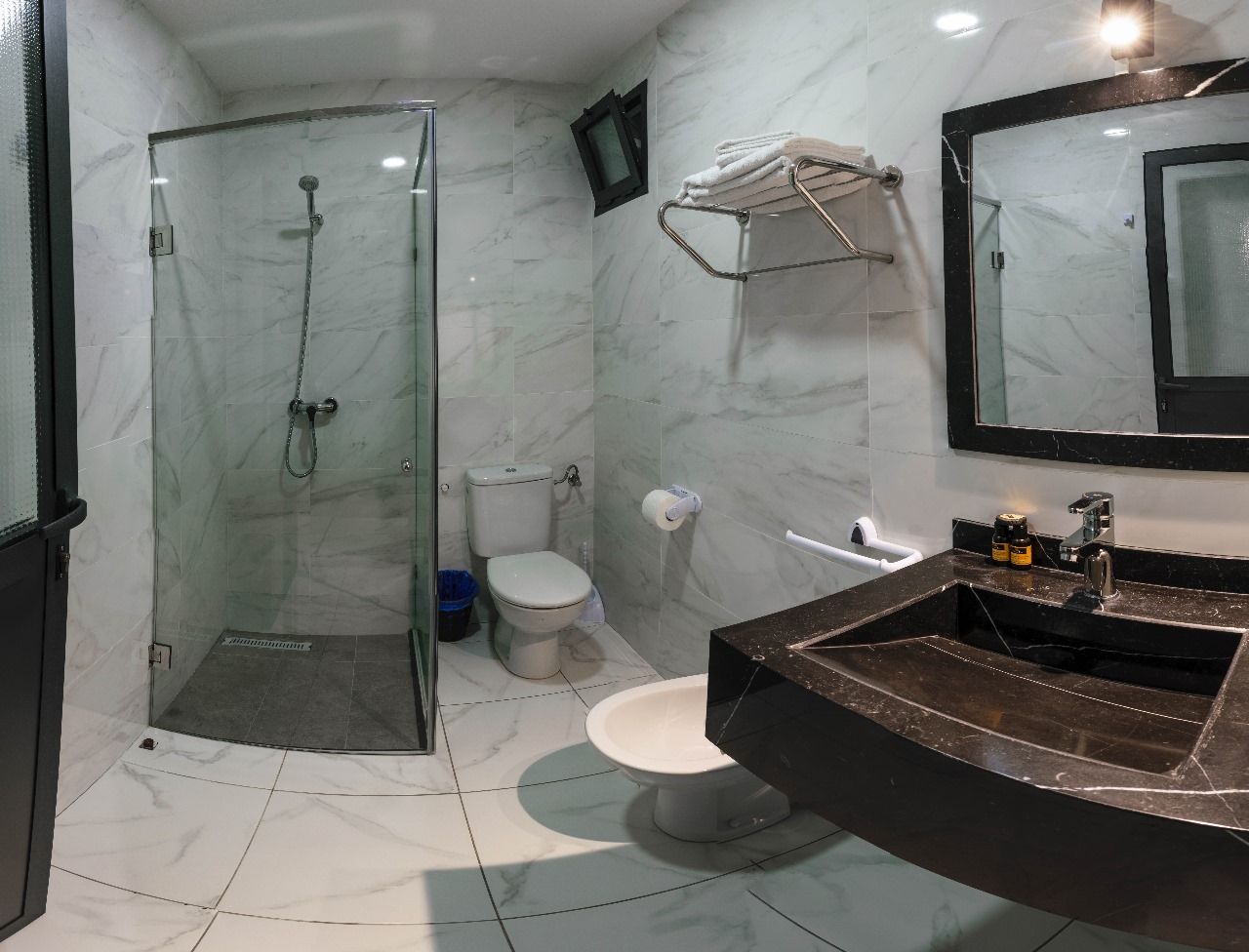 A bathroom with a glass-enclosed shower, a white toilet, a sink with a dark countertop, and a mirror above the sink.