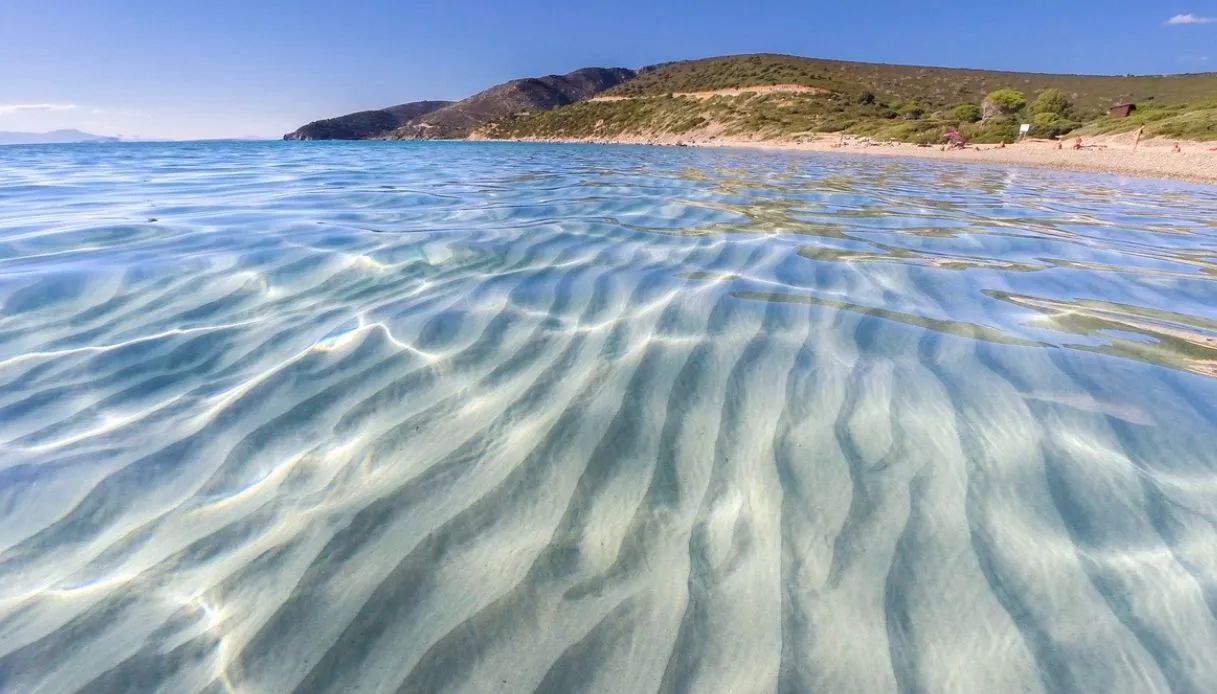 A clear view of a beach with gentle waves and a distant shoreline.
