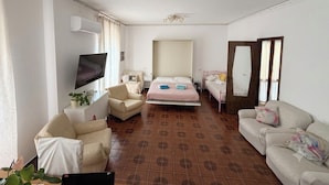 Habitació d'hotel amb un llit, dos sofàs, una televisió i un ventilador de sostre.