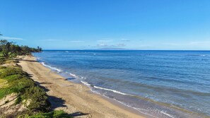 Ein Strand mit klarem, blauem Wasser, sandigem Ufer und vereinzelter Vegetation.