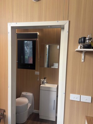 Baño compacto con inodoro, lavamanos y espejo. Se observa una repisa con botellas y un armario pequeño.