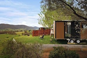A small cabin with a sliding door, a fire pit, and a chair in a grassy yard with a wooden fence and trees.