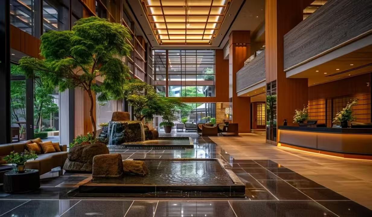 Un hall amplio con fuente de agua, zonas de estar y un mostrador de recepción.