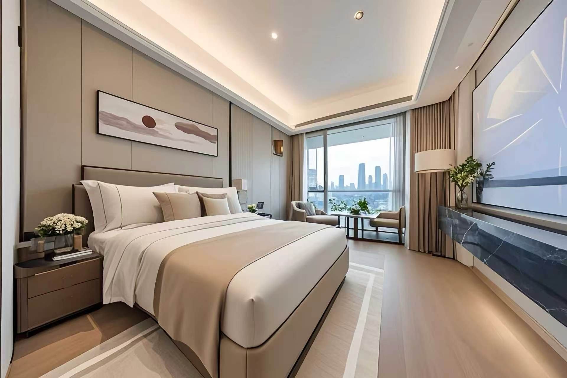 A modern hotel room with a large bed, a city view, and a minimalist design.