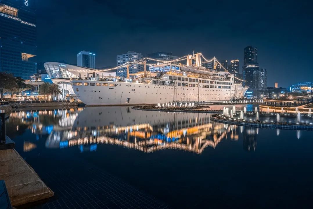 A large cruise ship docked at a port with a city skyline in the background.