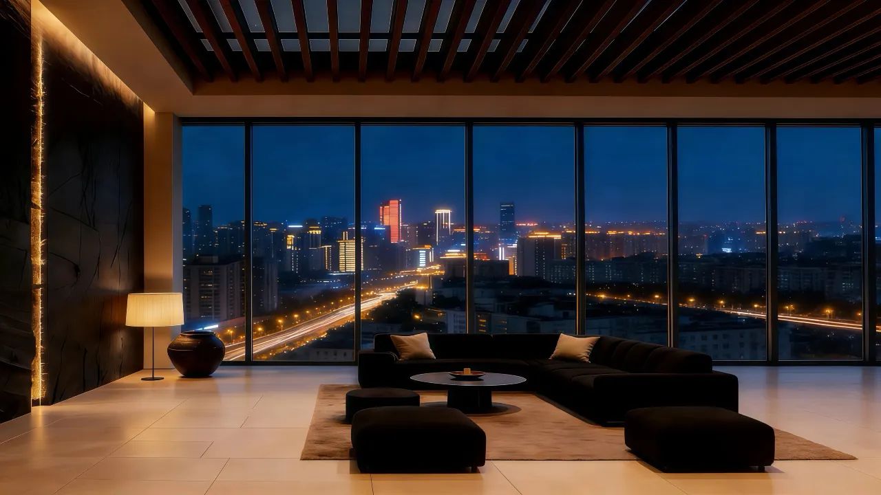 A modern living room with a large window overlooking a cityscape at night.