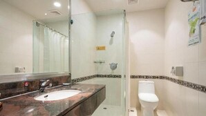 Une salle de bain avec une douche à parois de verre, des toilettes blanches et un lavabo en marbre avec un miroir.