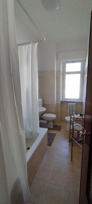 Une salle de bain équipée d’une douche, de toilettes et d’un bidet.