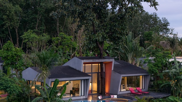 Una casa moderna amb piscina, envoltada de vegetació exuberant.
