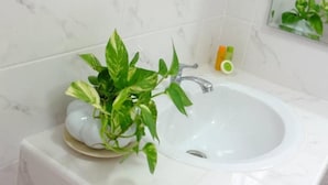 Ein Badezimmer mit Waschbecken aus weißem Marmor, einem Spiegel und einer Topfpflanze.