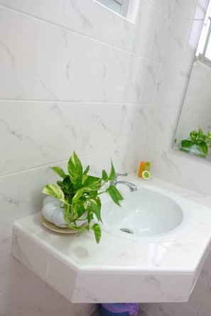 Ein Badezimmer mit Waschbecken aus weißem Marmor, einem Spiegel und einer Topfpflanze.