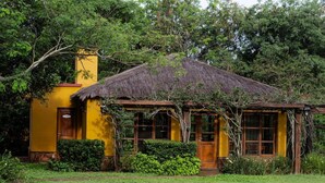 A yellow building with a thatched roof and wooden windows, surrounded by greenery. - El Transito Hotel Boutique (Concepción)