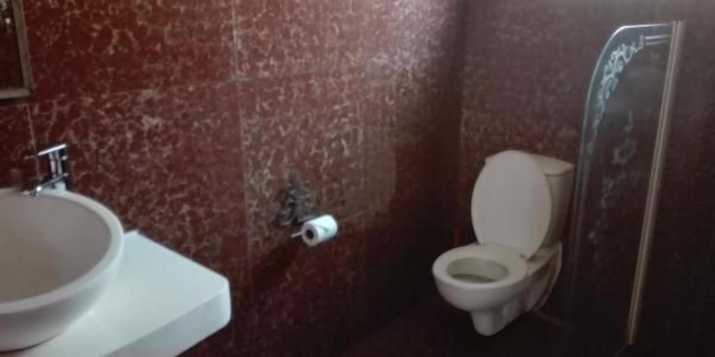 A bathroom with a white sink, toilet, and a glass shower enclosure.