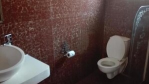 Kylpyhuone, jossa on valkoinen pesuallas, wc ja lasinen suihkukaappi.