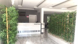 Uma área de recepção com piso de mármore, balcão de atendimento e plantas de bambu.