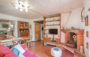 Ein gemütliches Wohnzimmer mit Kamin, Holzmöbeln und einem Fernseher.