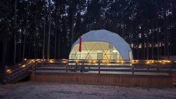 Una estructura en forma de cúpula con una terraza y barandilla de madera, rodeada de árboles.